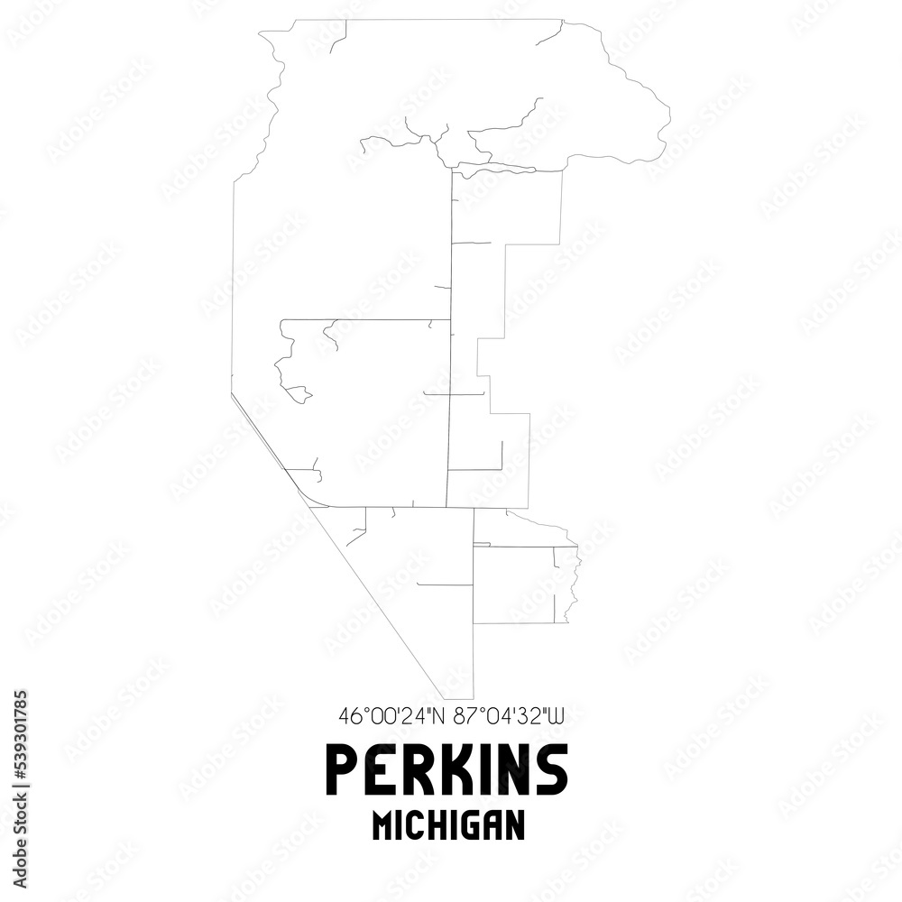 Perkins Michigan. US street map with black and white lines.