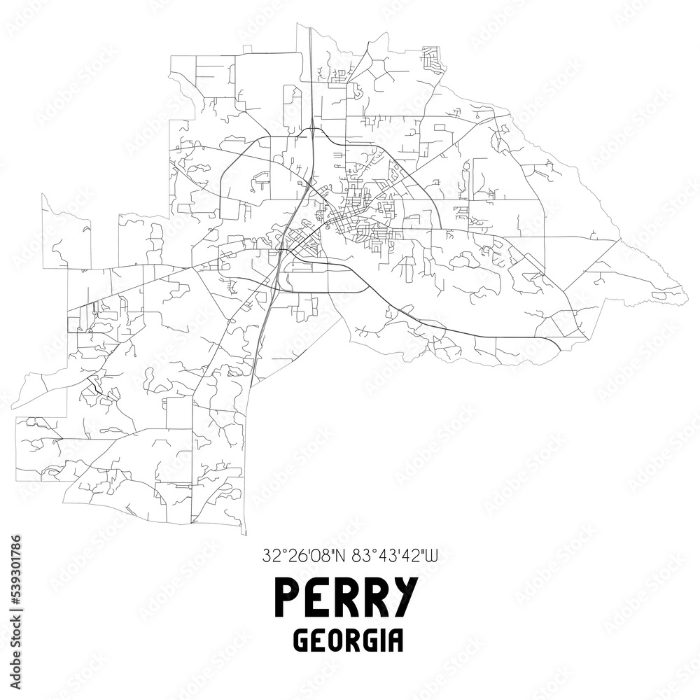 Perry Georgia. US street map with black and white lines.
