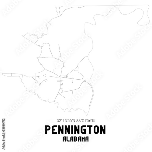 Pennington Alabama. US street map with black and white lines.