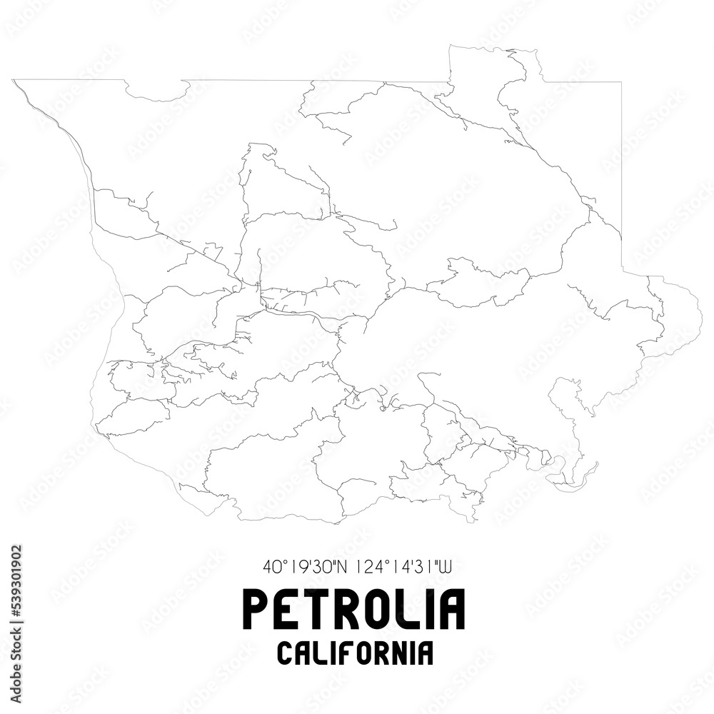 Petrolia California. US street map with black and white lines.