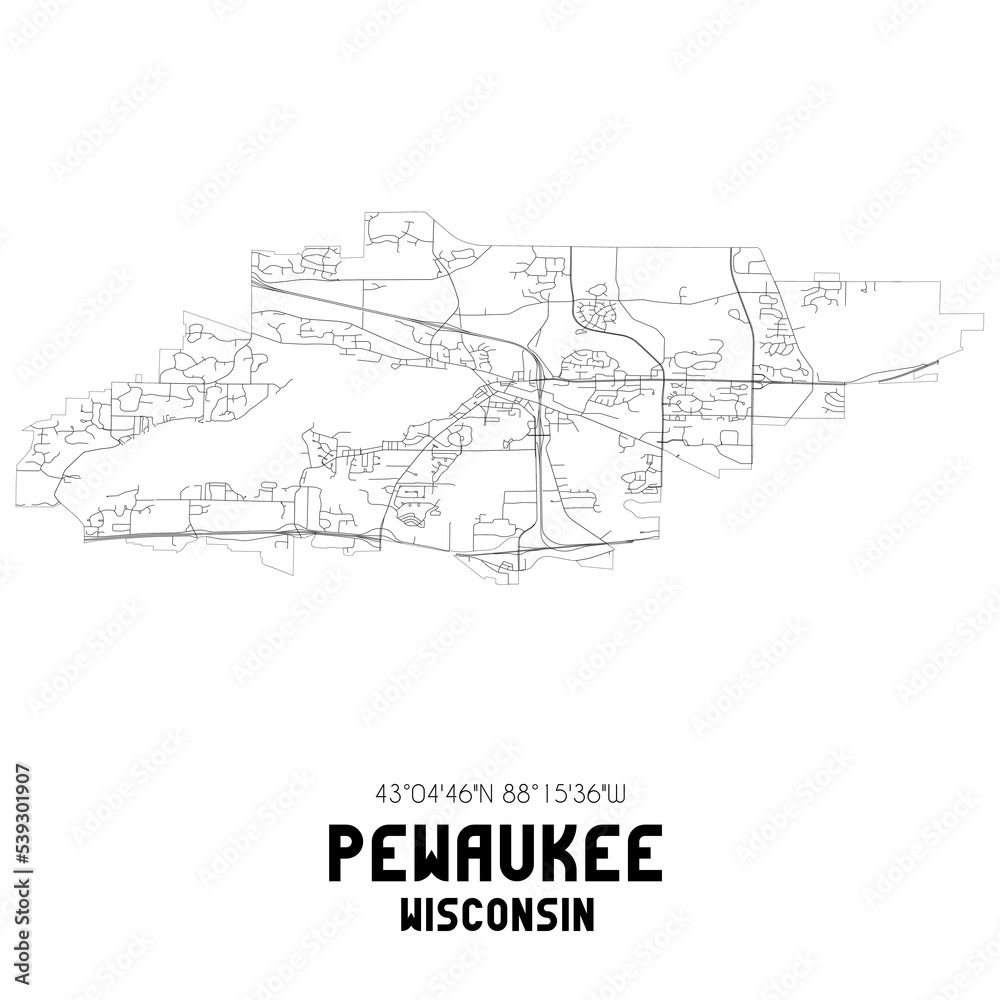 Pewaukee Wisconsin. US street map with black and white lines.