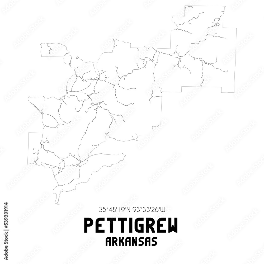 Pettigrew Arkansas. US street map with black and white lines.
