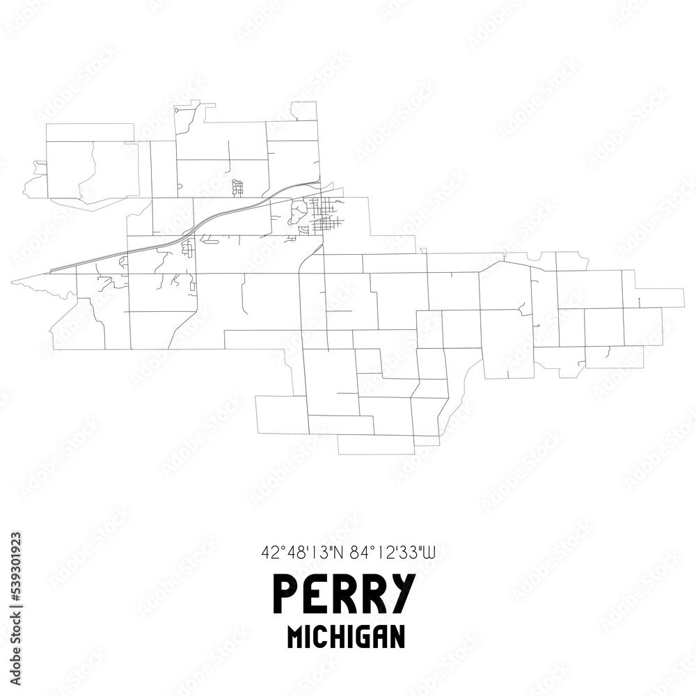 Perry Michigan. US street map with black and white lines.