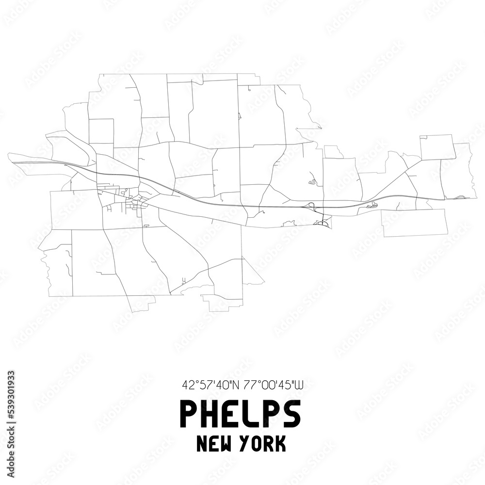 Phelps New York. US street map with black and white lines.