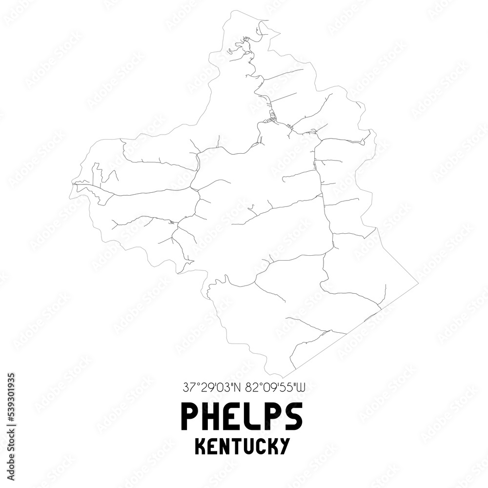 Phelps Kentucky. US street map with black and white lines.
