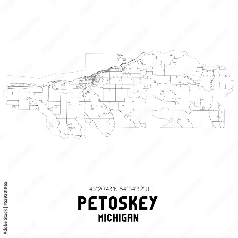 Petoskey Michigan. US street map with black and white lines.