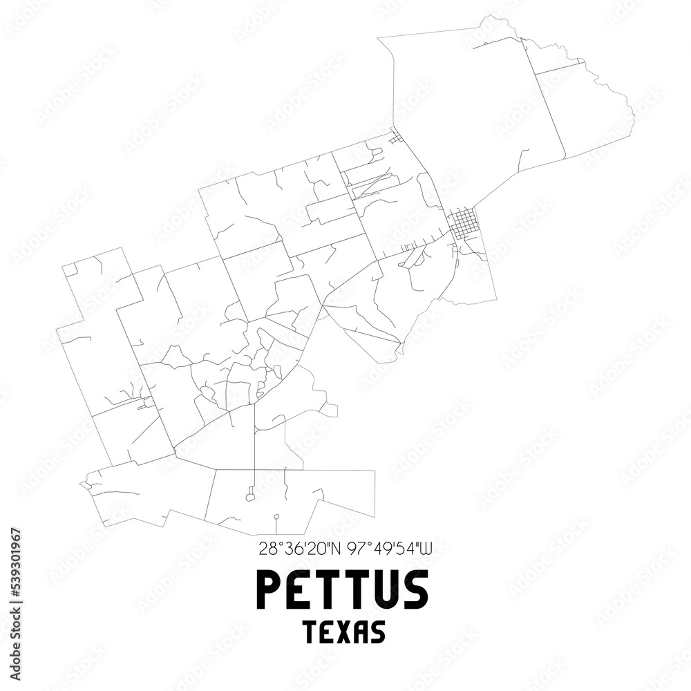 Pettus Texas. US street map with black and white lines.
