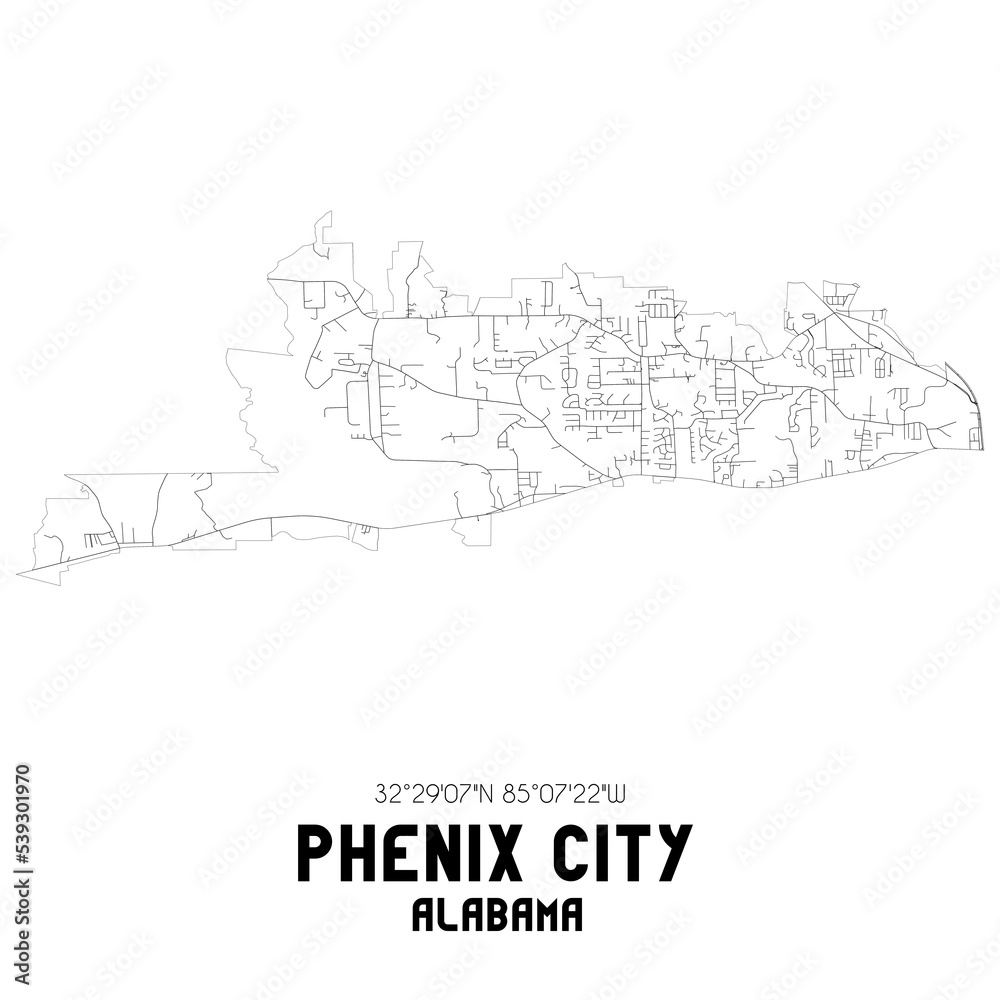 Phenix City Alabama. US street map with black and white lines.