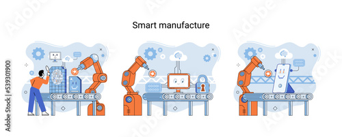 Smart manufacture metaphor with automated production line. Innovative contemporary smart industry product design, delivery and distribution with people, robots and machinery, conveyor assembly line