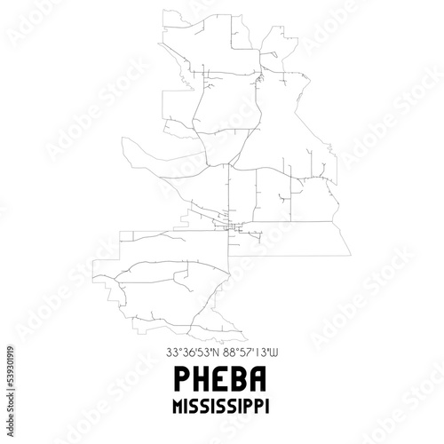 Pheba Mississippi. US street map with black and white lines.
