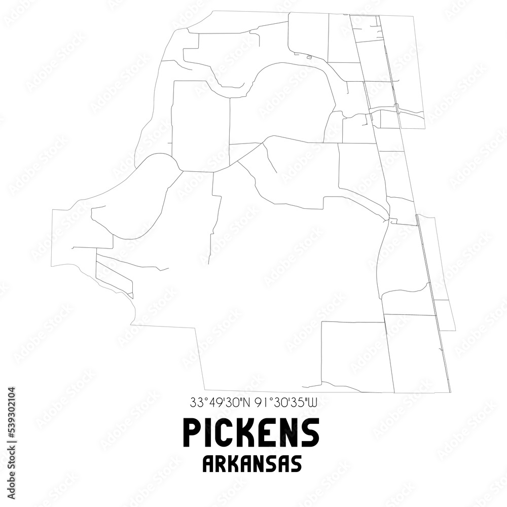 Pickens Arkansas. US street map with black and white lines.