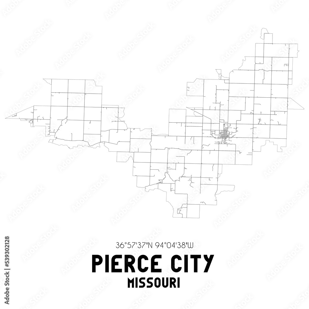 Pierce City Missouri. US street map with black and white lines.