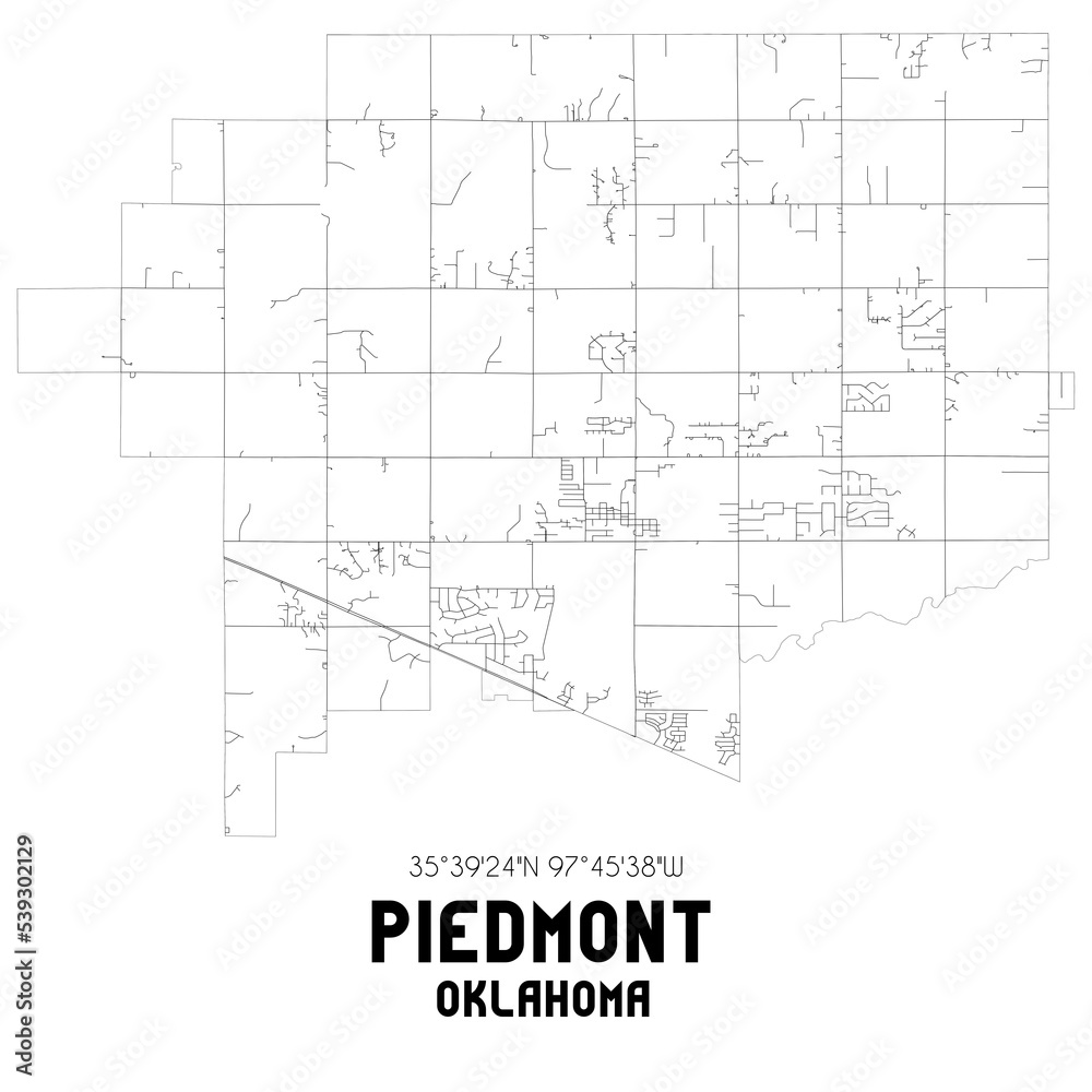 Piedmont Oklahoma. US street map with black and white lines.