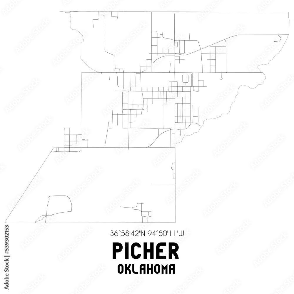 Picher Oklahoma. US street map with black and white lines. Picher Oklahoma. US street map with black and white lines.