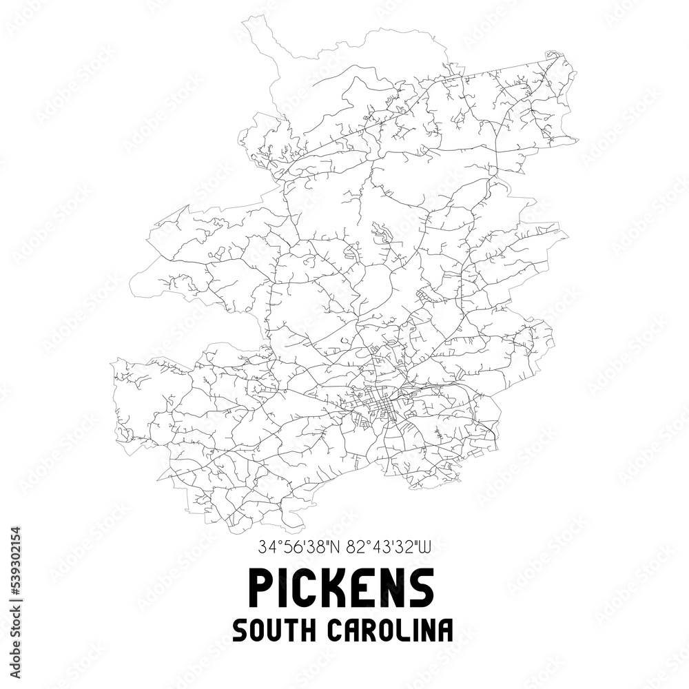 Pickens South Carolina. US street map with black and white lines.