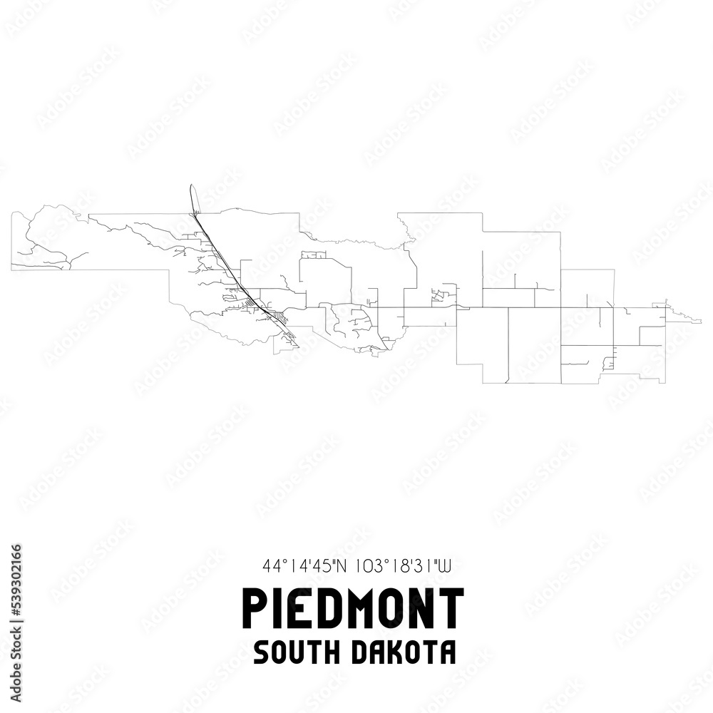 Piedmont South Dakota. US street map with black and white lines.