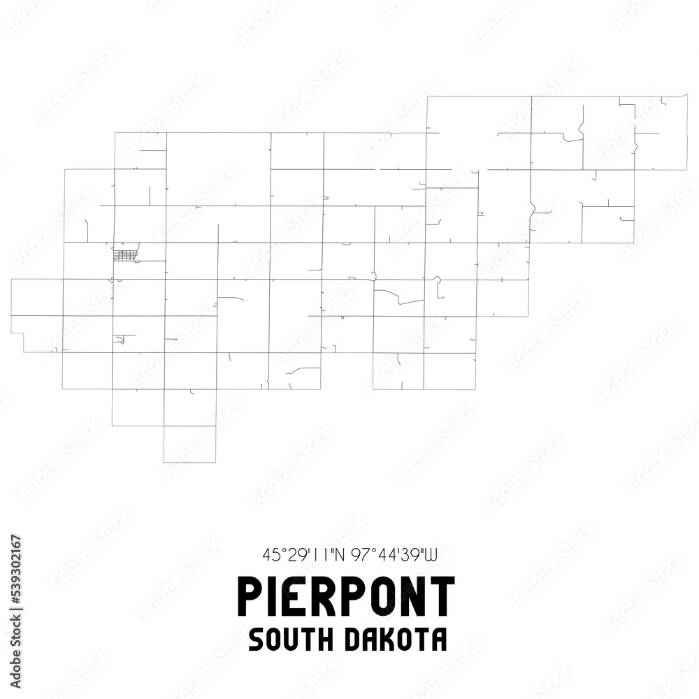 Pierpont South Dakota. US street map with black and white lines.
