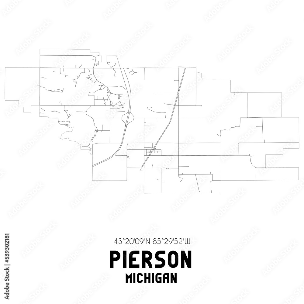 Pierson Michigan. US street map with black and white lines.