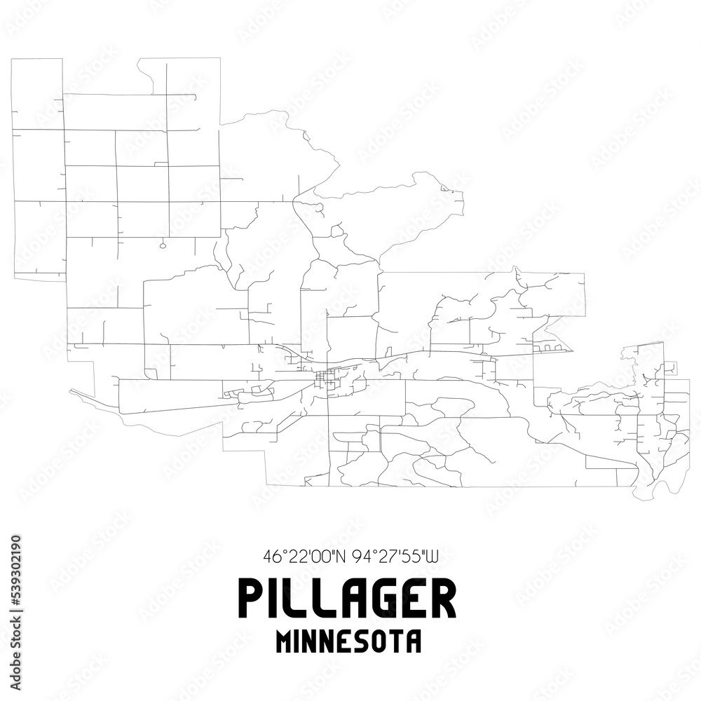 Pillager Minnesota. US street map with black and white lines.