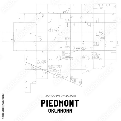 Piedmont Oklahoma. US street map with black and white lines.