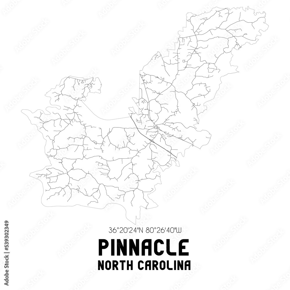Pinnacle North Carolina. US street map with black and white lines.