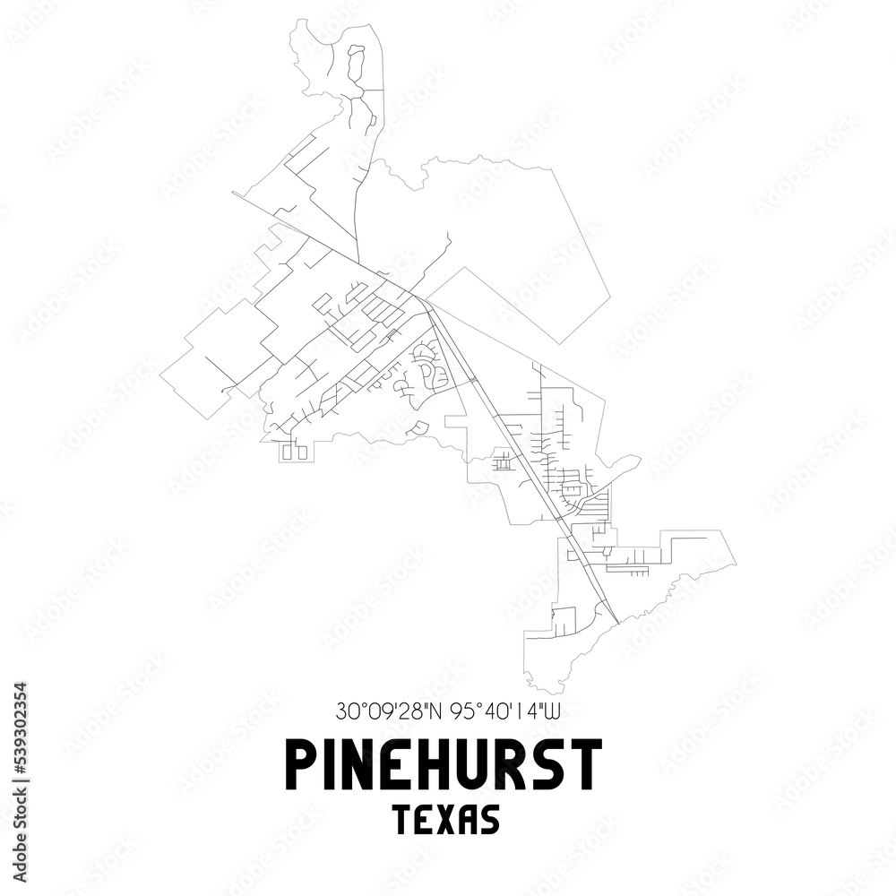 Pinehurst Texas. US street map with black and white lines.