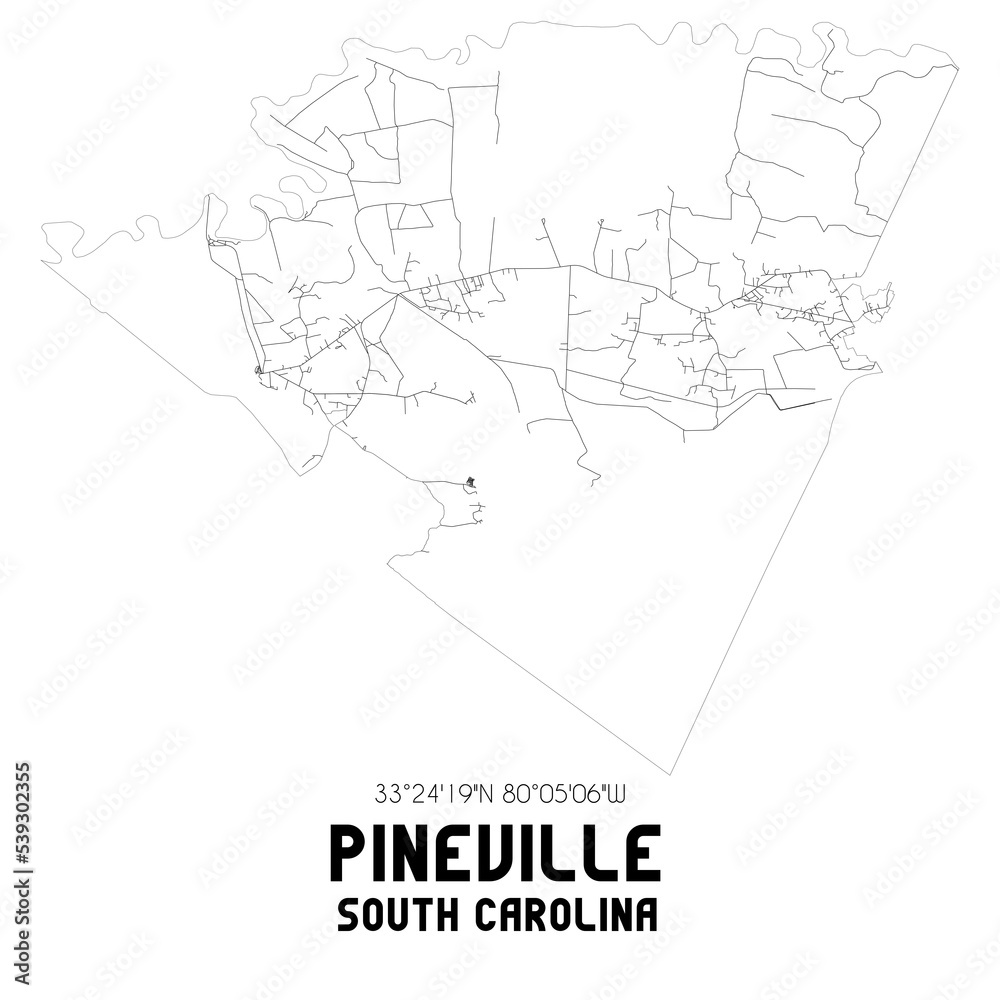 Pineville South Carolina. US street map with black and white lines.