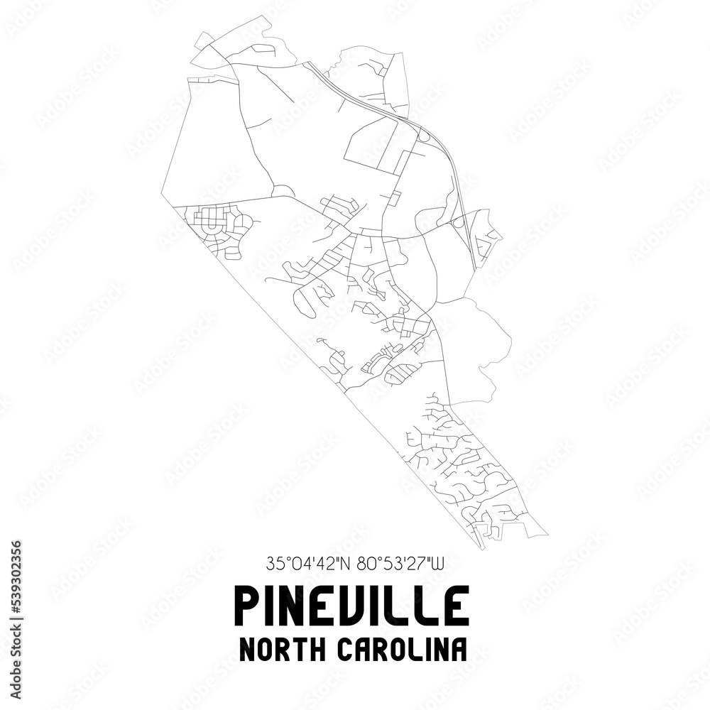 Pineville North Carolina. US street map with black and white lines.