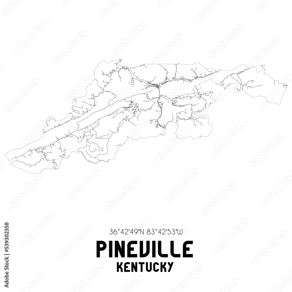 Pineville Kentucky. US street map with black and white lines.