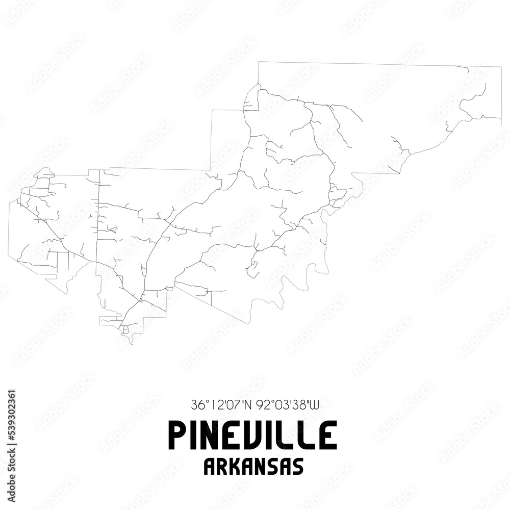 Pineville Arkansas. US street map with black and white lines.