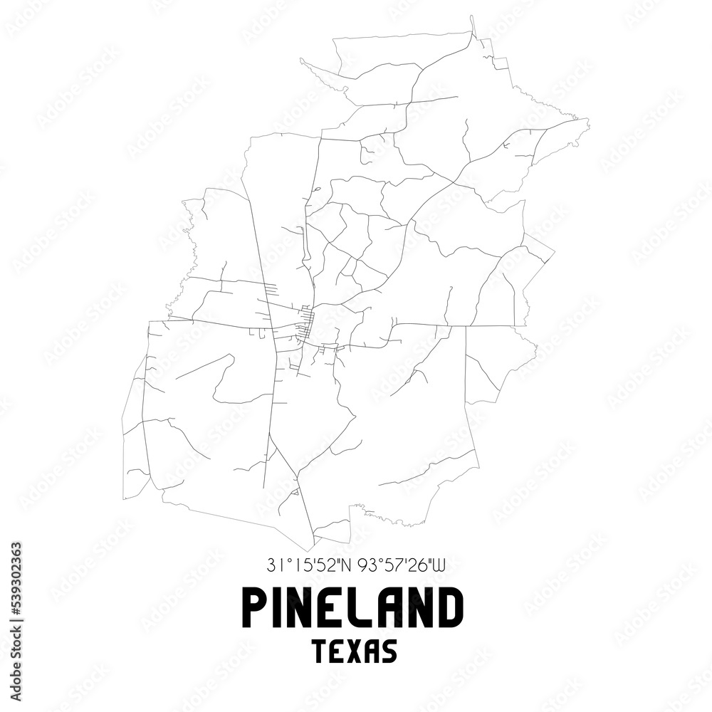Pineland Texas. US street map with black and white lines.