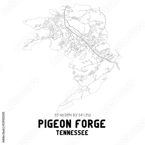 Pigeon Forge Tennessee. US street map with black and white lines.