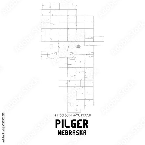 Pilger Nebraska. US street map with black and white lines.