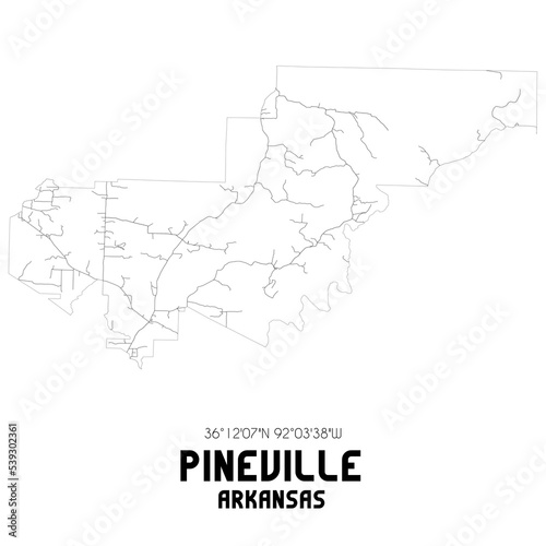 Pineville Arkansas. US street map with black and white lines.