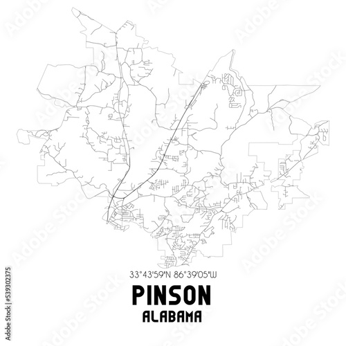 Pinson Alabama. US street map with black and white lines.