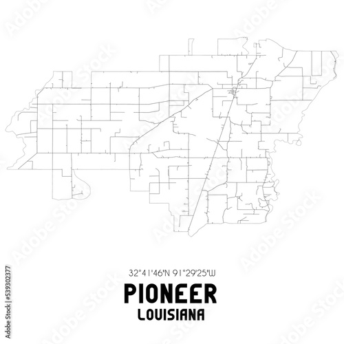 Pioneer Louisiana. US street map with black and white lines.