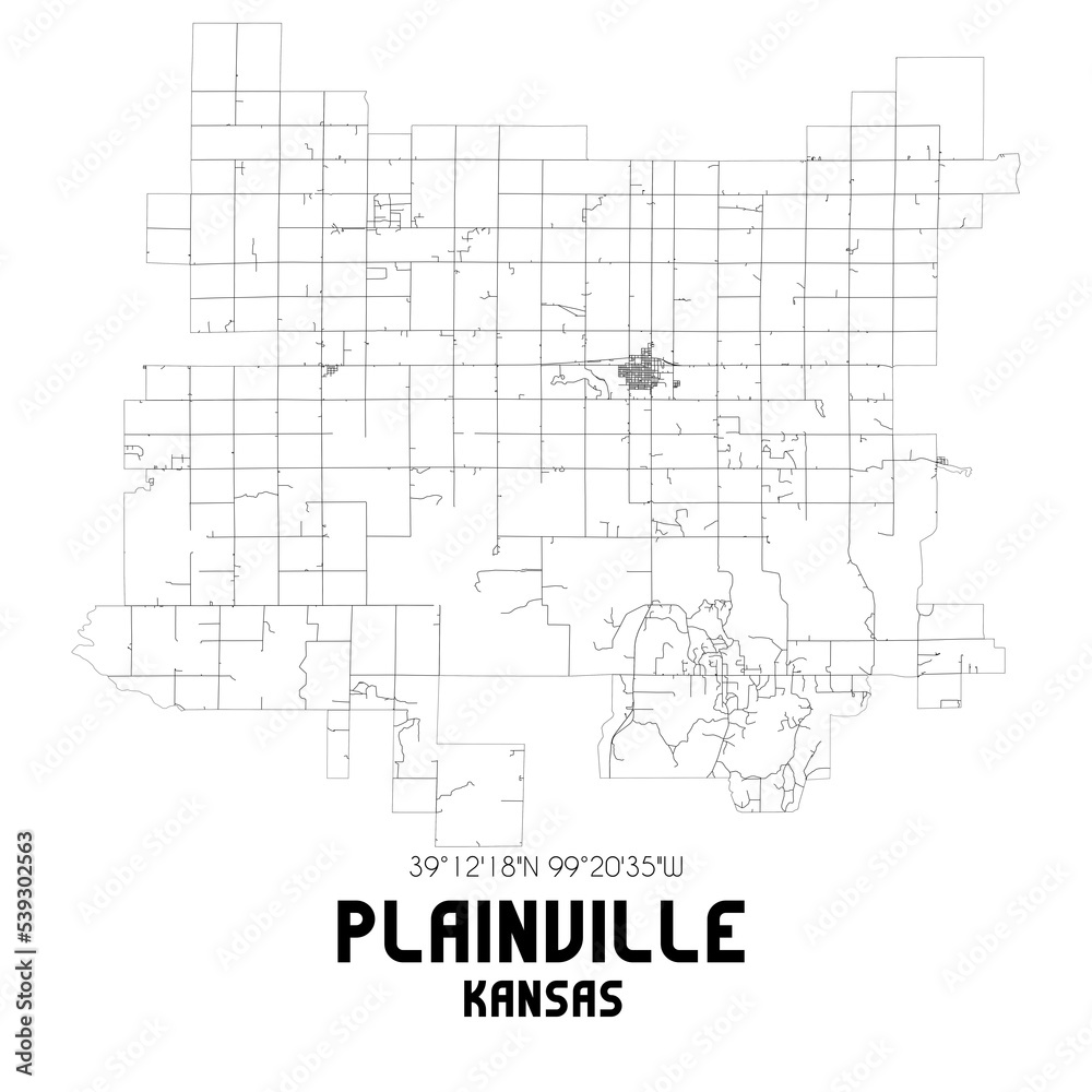 Plainville Kansas. US street map with black and white lines.