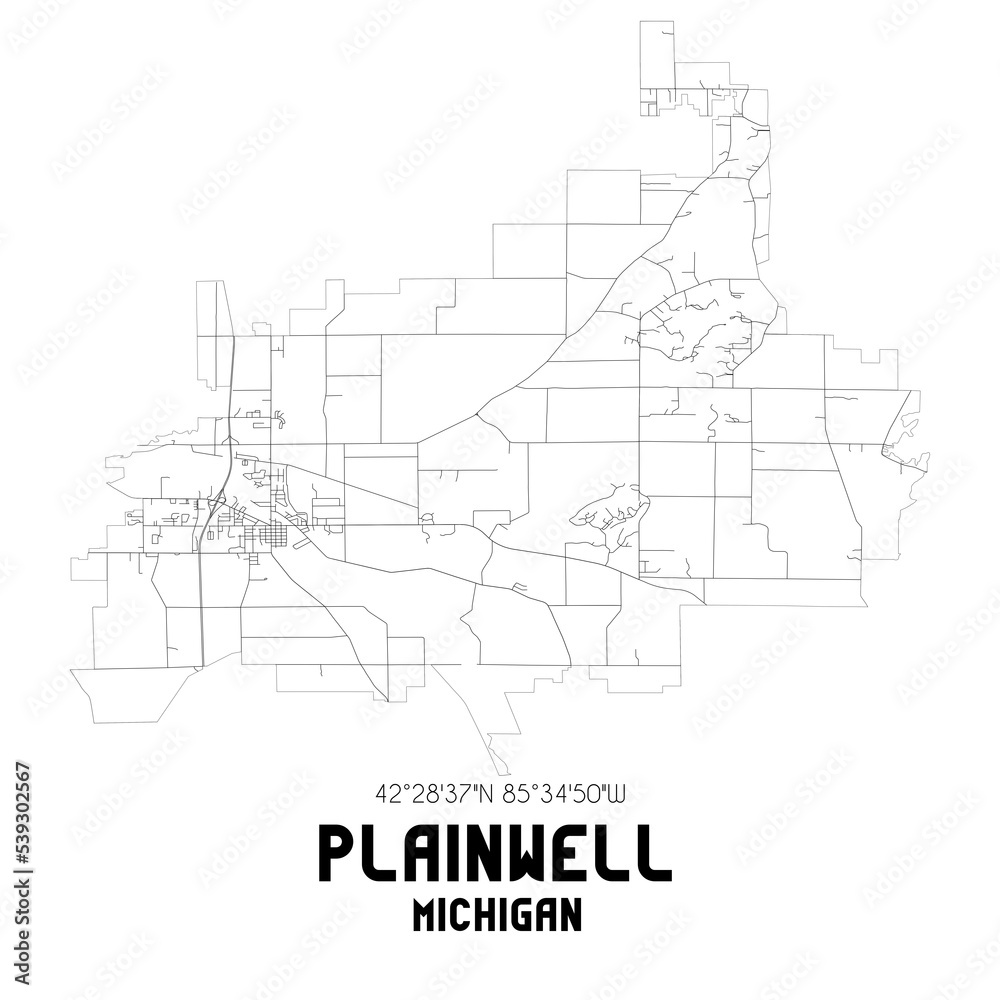 Plainwell Michigan. US street map with black and white lines.