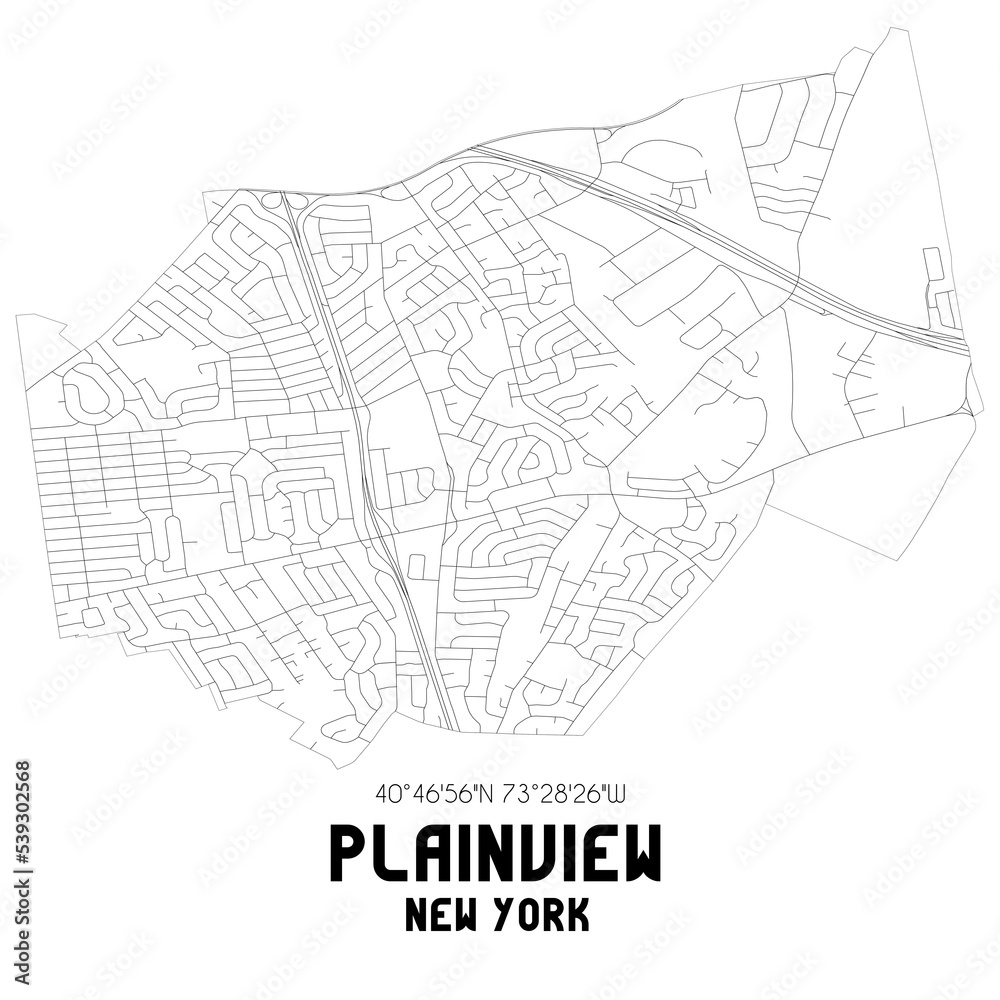Plainview New York. US street map with black and white lines.