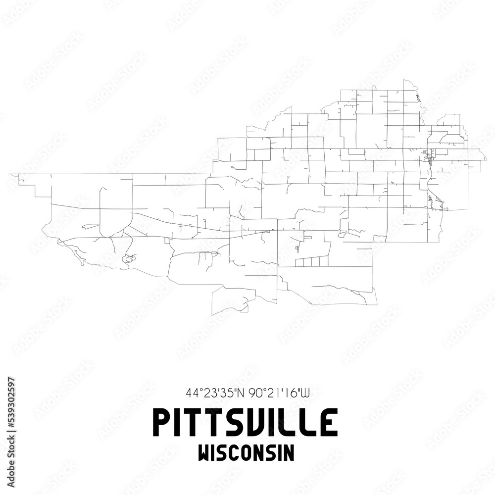 Pittsville Wisconsin. US street map with black and white lines.