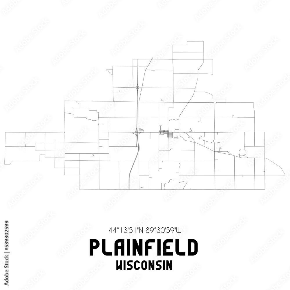 Plainfield Wisconsin. US street map with black and white lines.