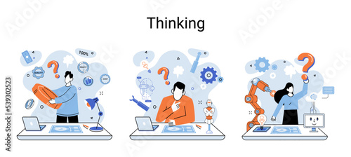 Problem solving metaphor, wondering or thinking, planning or pondering, with question mark. Creative thought idea. Brainstorming, idea and fantasy, motivation and inspiration, finding solution, answer
