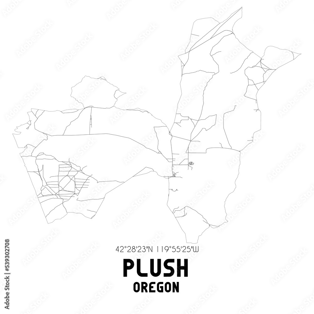 Plush Oregon. US street map with black and white lines.