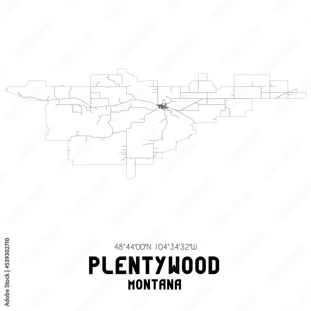 Plentywood Montana. US street map with black and white lines.