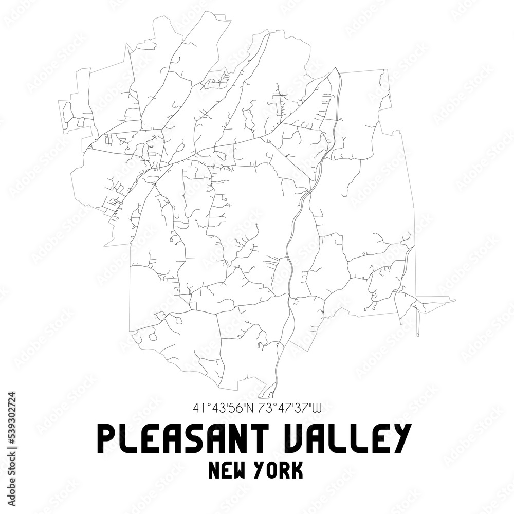 Pleasant Valley New York. US street map with black and white lines.