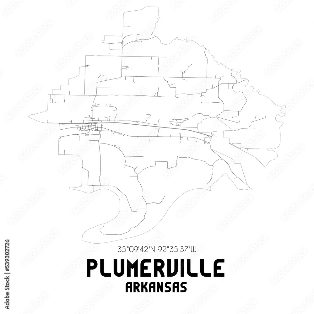 Plumerville Arkansas. US street map with black and white lines.