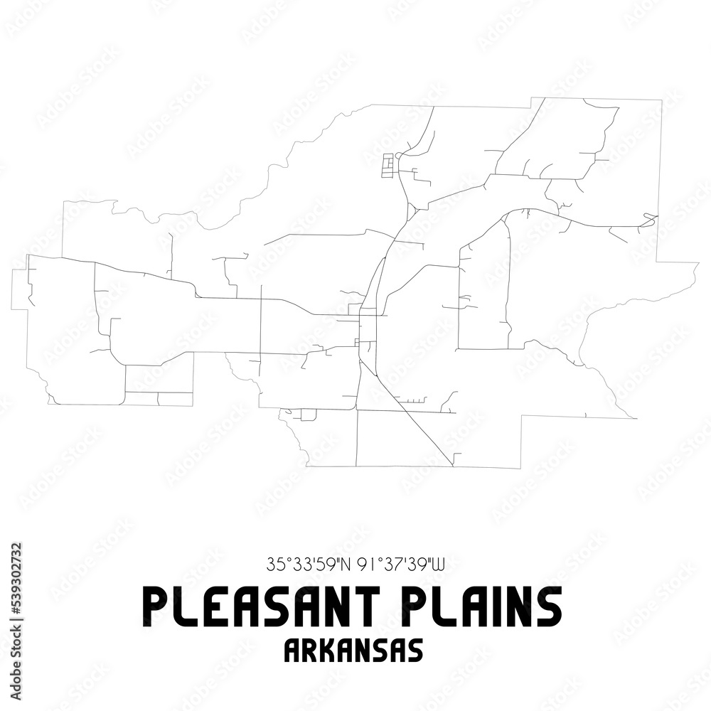 Pleasant Plains Arkansas. US street map with black and white lines.