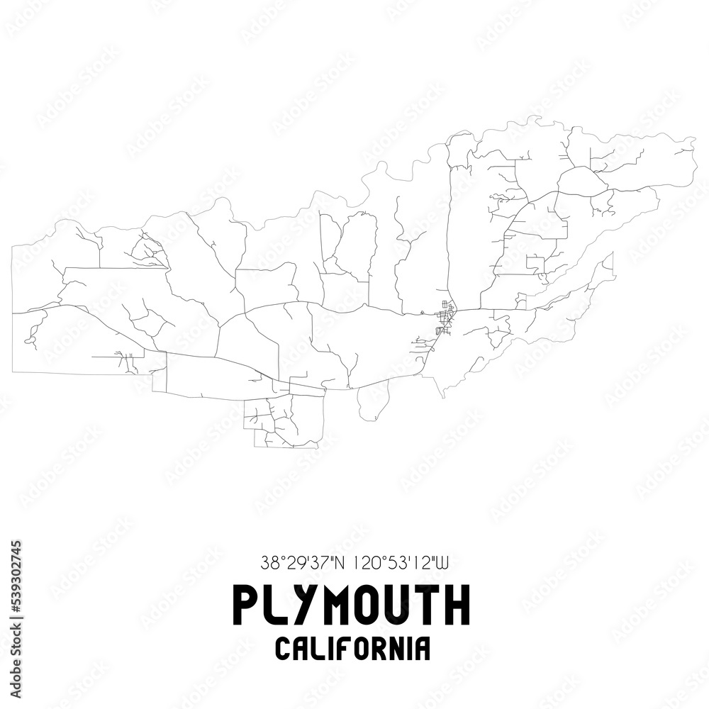 Plymouth California. US street map with black and white lines.