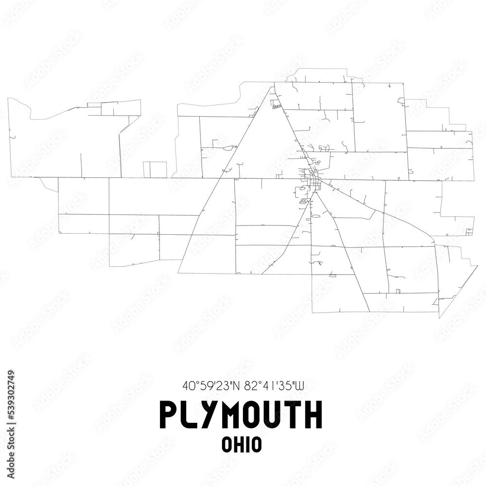 Plymouth Ohio. US street map with black and white lines.