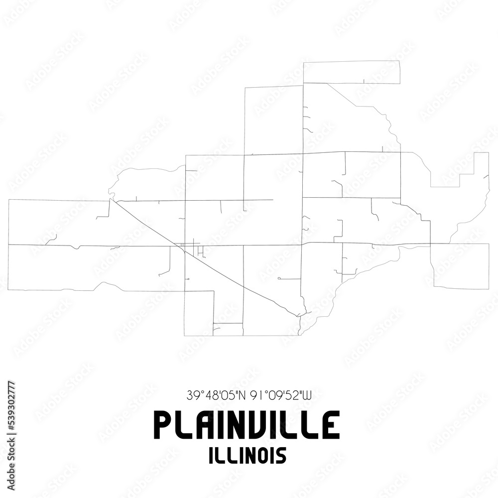Plainville Illinois. US street map with black and white lines.